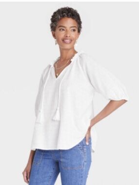 KNOX ROSE BOHO White Frillis 100% Cotton Blouse Top